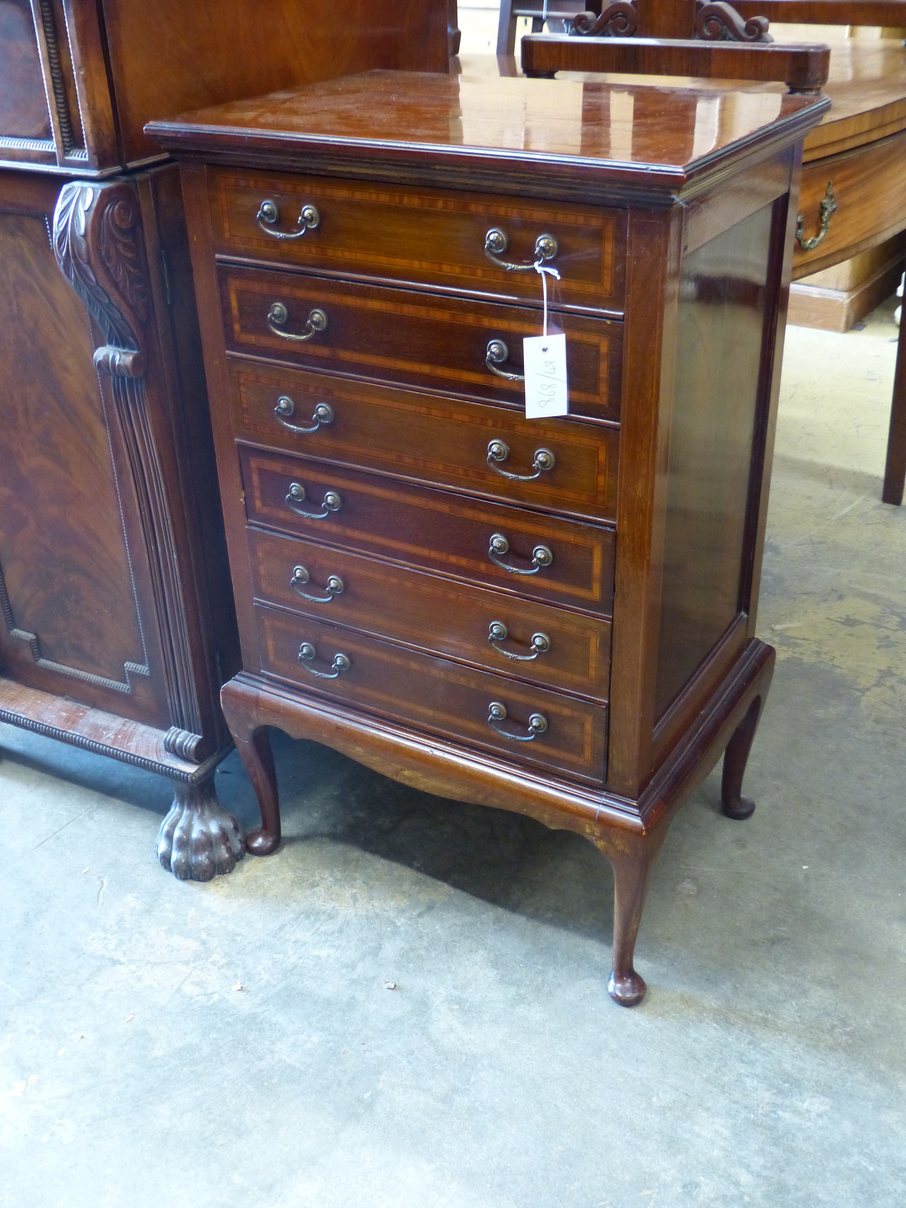 An Edwardian satinwood banded mahogany sheet music cabinet, width 53cm, depth 38cm, height 86cm